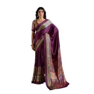 Women's Satin Crepe Printed Saree With Unstitched Blouse 5.5Mtr (Purple)