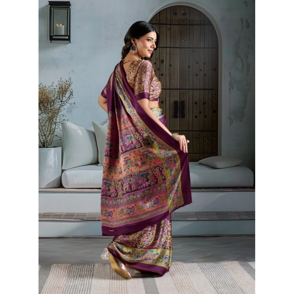Women's Satin Crepe Printed Saree With Unstitched Blouse 5.5Mtr (Purple) - Image 4