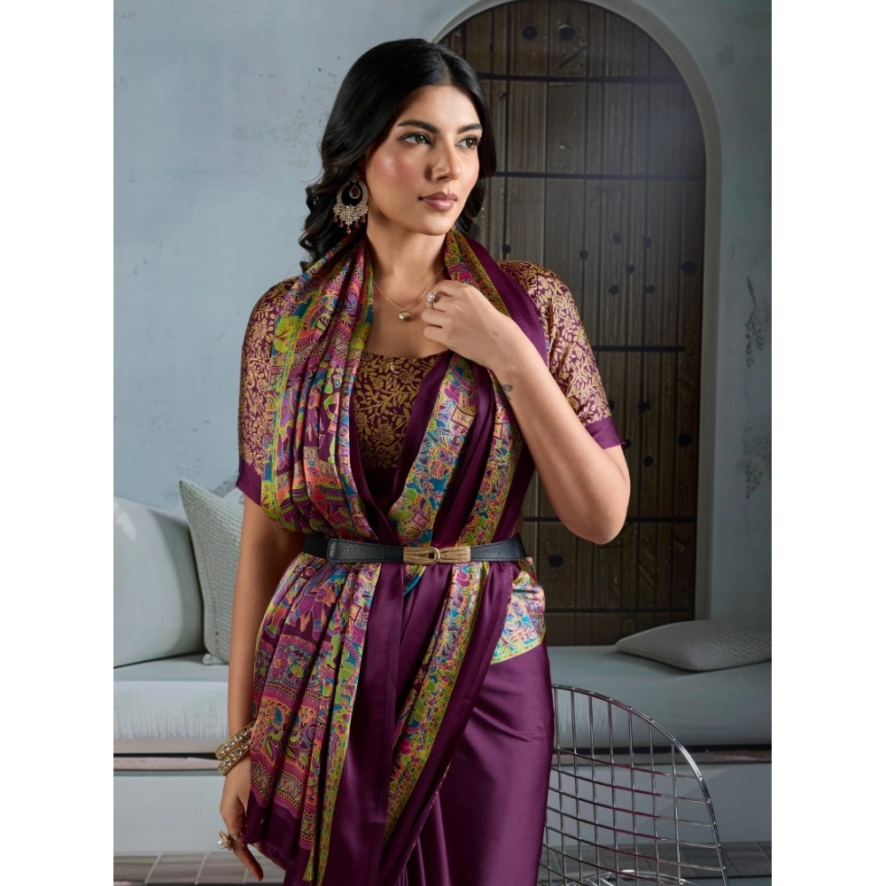 Women's Satin Crepe Printed Saree With Unstitched Blouse 5.5Mtr (Purple) - Image 3
