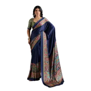 Women's Satin Crepe Printed Saree With Unstitched Blouse 5.5Mtr (Navy Blue)