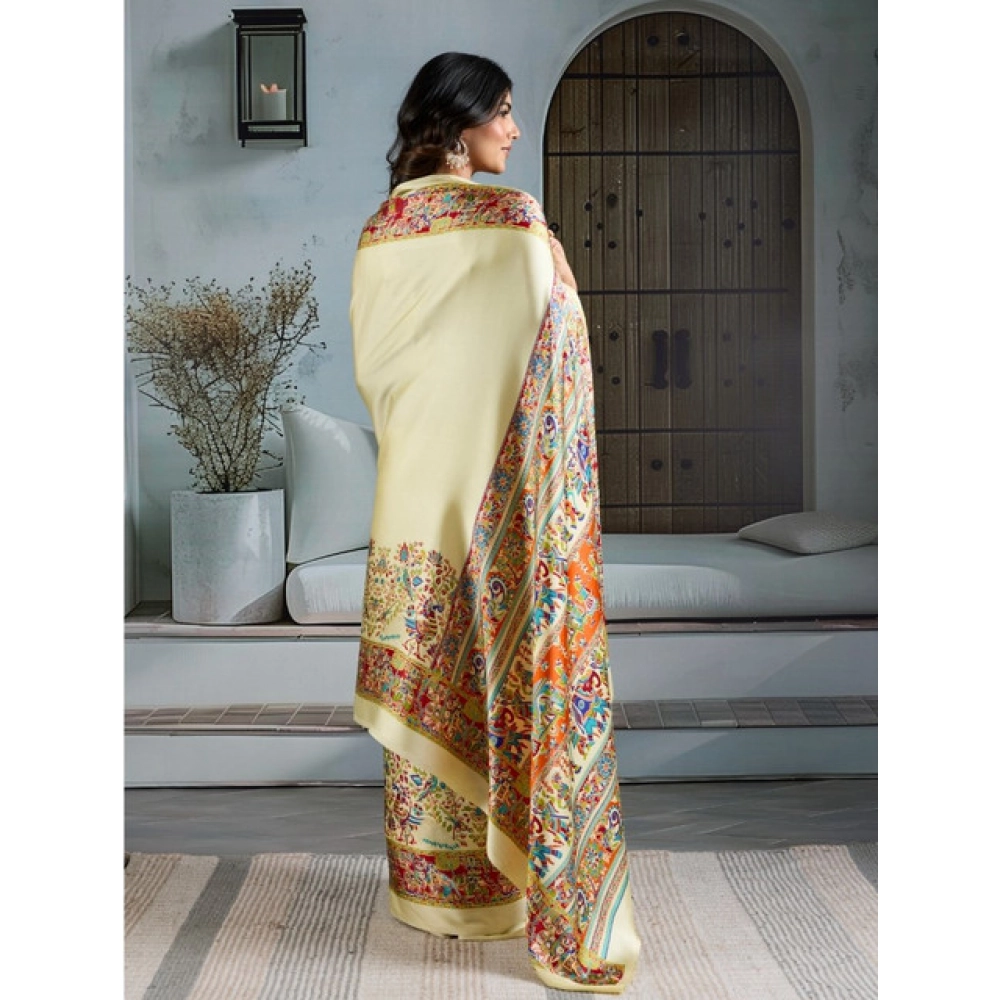 Women's Satin Crepe Printed Saree With Unstitched Blouse 5.5Mtr (Cream) - Image 4