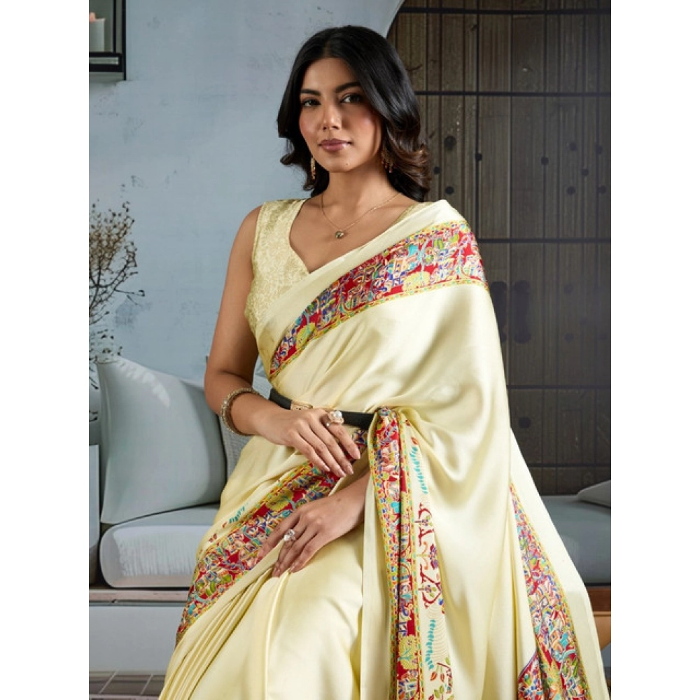 Women's Satin Crepe Printed Saree With Unstitched Blouse 5.5Mtr (Cream) - Image 3