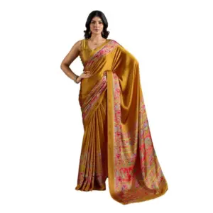 Women's Satin Crepe Printed Saree With Unstitched Blouse 5.5Mtr (Mustard)