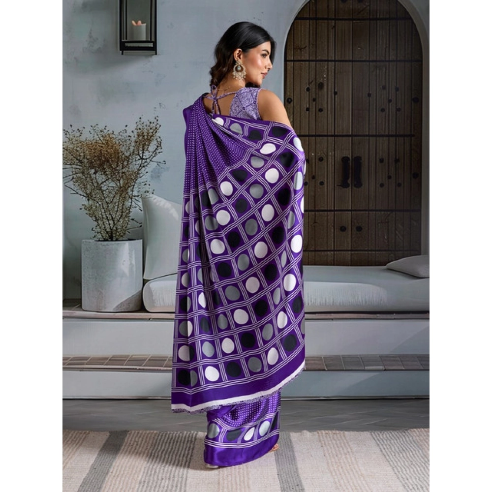 Women's Satin Crepe Printed Saree With Unstitched Blouse 5.5Mtr (Purple) - Image 4