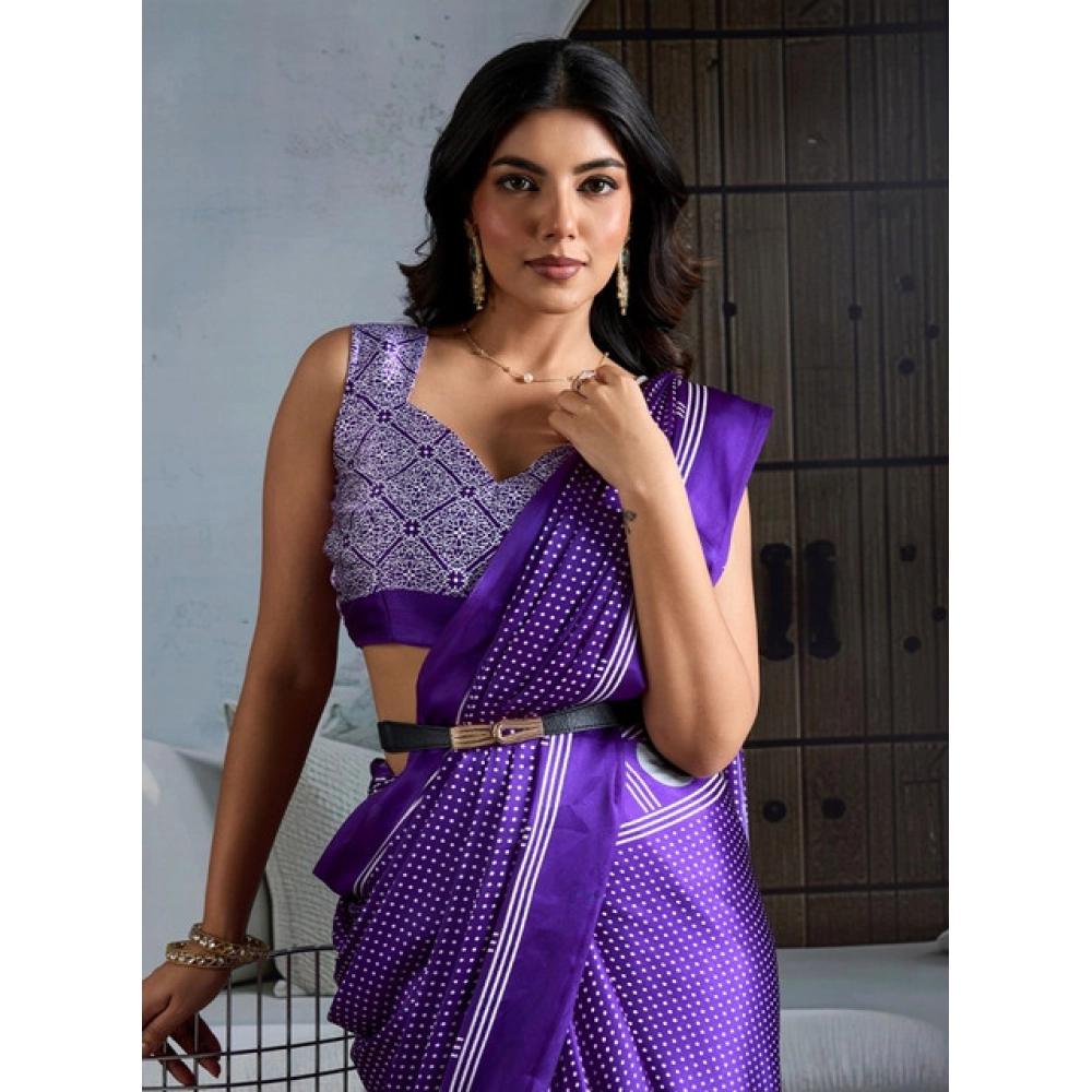Women's Satin Crepe Printed Saree With Unstitched Blouse 5.5Mtr (Purple) - Image 3