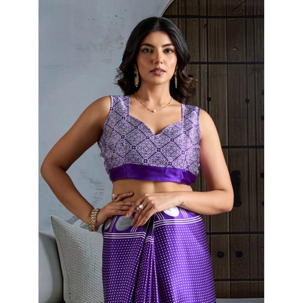 Women's Satin Crepe Printed Saree With Unstitched Blouse 5.5Mtr (Purple) - Image 2