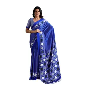 Women's Satin Crepe Printed Saree With Unstitched Blouse 5.5Mtr (Blue)