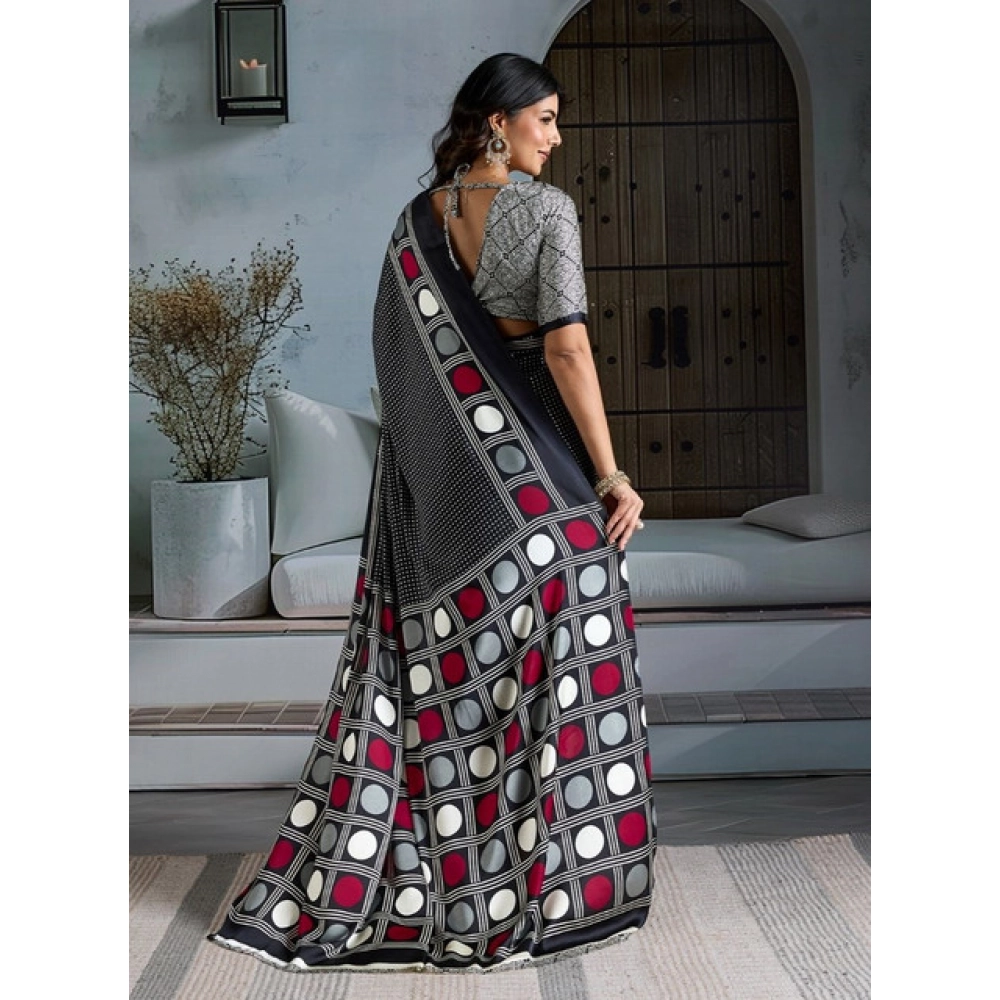 Women's Satin Crepe Printed Saree With Unstitched Blouse 5.5Mtr (Black) - Image 4