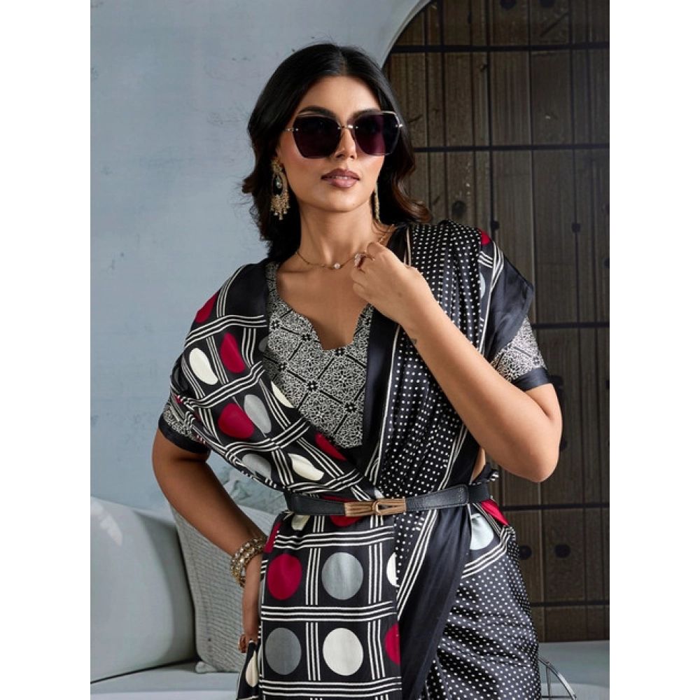 Women's Satin Crepe Printed Saree With Unstitched Blouse 5.5Mtr (Black) - Image 3