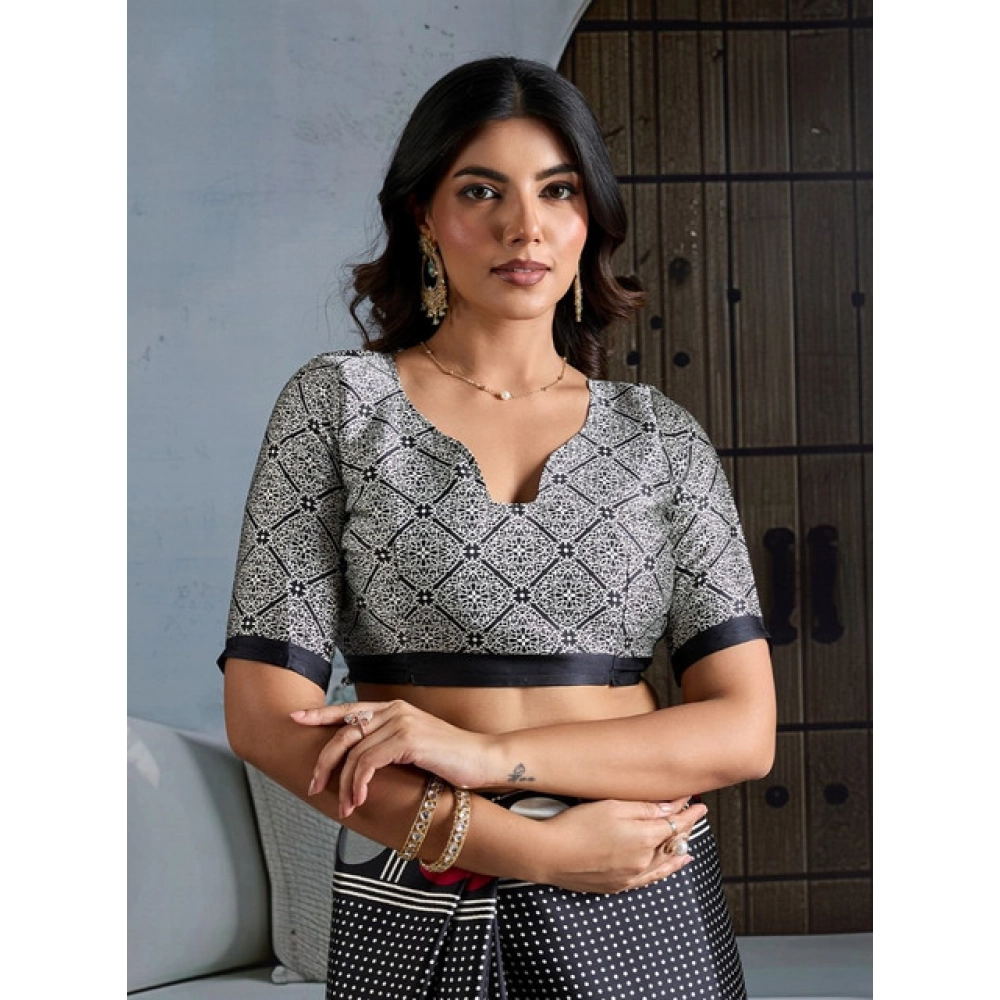 Women's Satin Crepe Printed Saree With Unstitched Blouse 5.5Mtr (Black) - Image 2