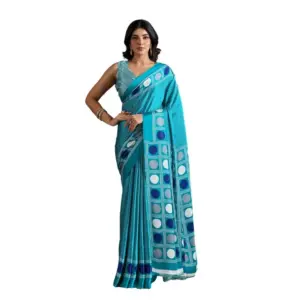 Women's Satin Crepe Printed Saree With Unstitched Blouse 5.5Mtr (Sky Blue)
