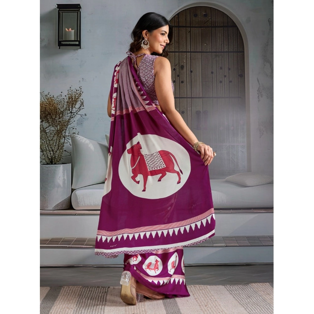 Women's Satin Crepe Printed Saree With Unstitched Blouse 5.5Mtr (Purple) - Image 4