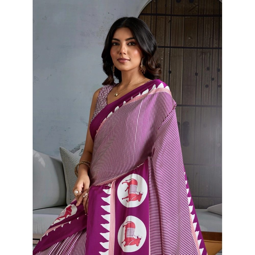 Women's Satin Crepe Printed Saree With Unstitched Blouse 5.5Mtr (Purple) - Image 3