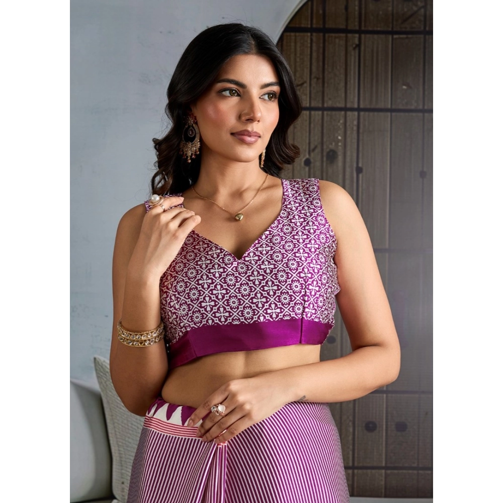 Women's Satin Crepe Printed Saree With Unstitched Blouse 5.5Mtr (Purple) - Image 2