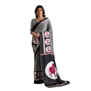 Women's Satin Crepe Printed Saree With Unstitched Blouse 5.5Mtr (Black)