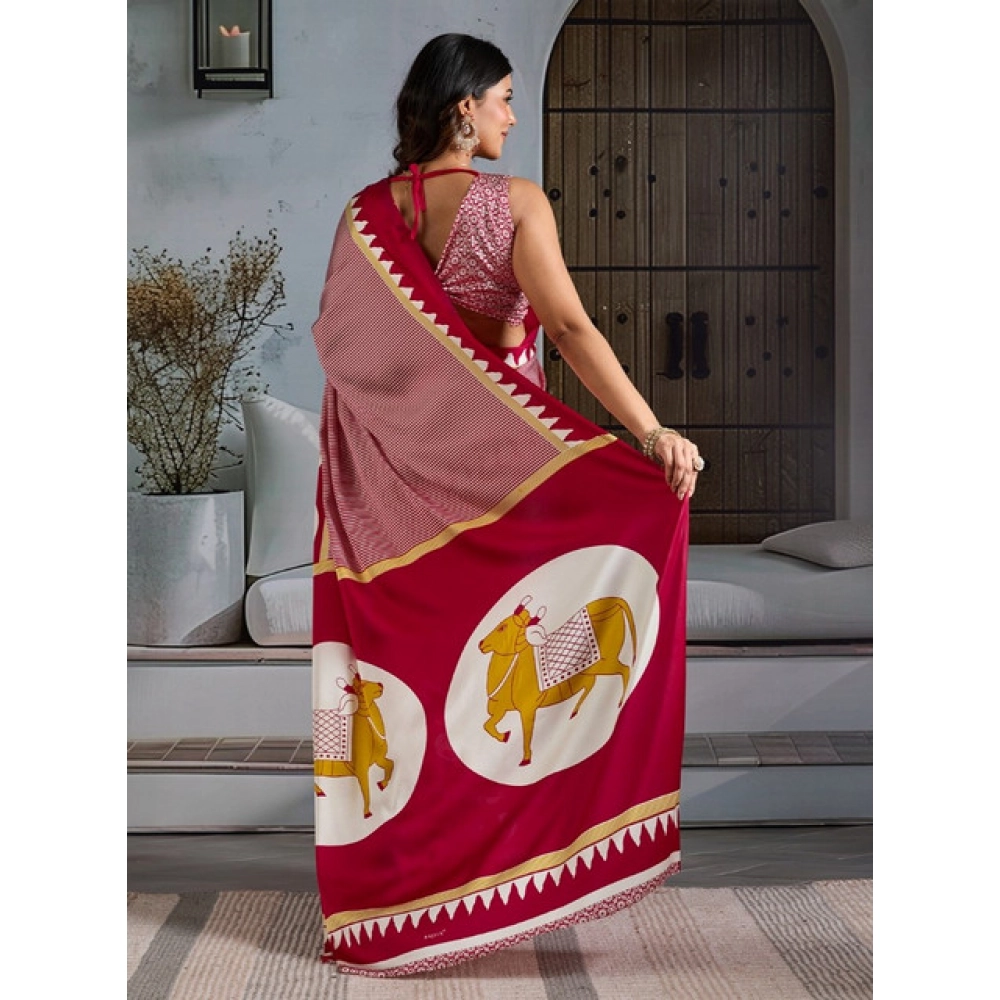 Women's Satin Crepe Printed Saree With Unstitched Blouse 5.5Mtr (Red) - Image 4