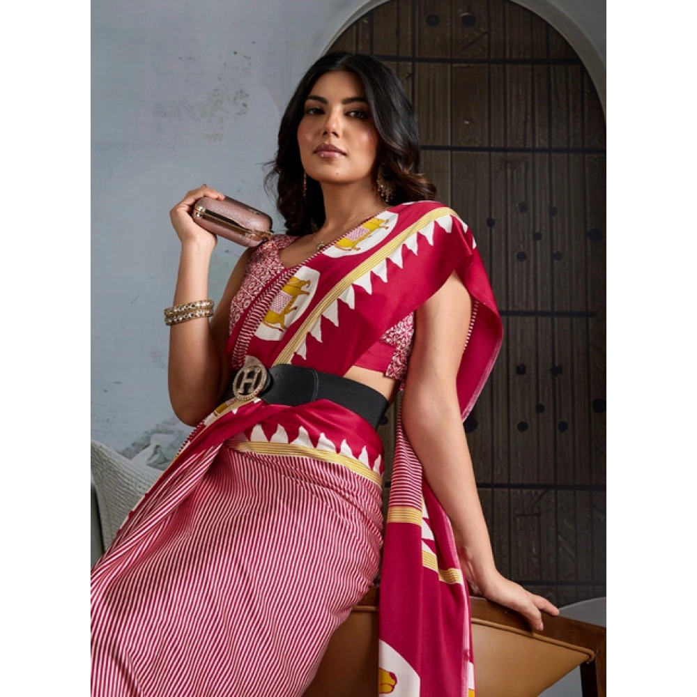 Women's Satin Crepe Printed Saree With Unstitched Blouse 5.5Mtr (Red) - Image 3