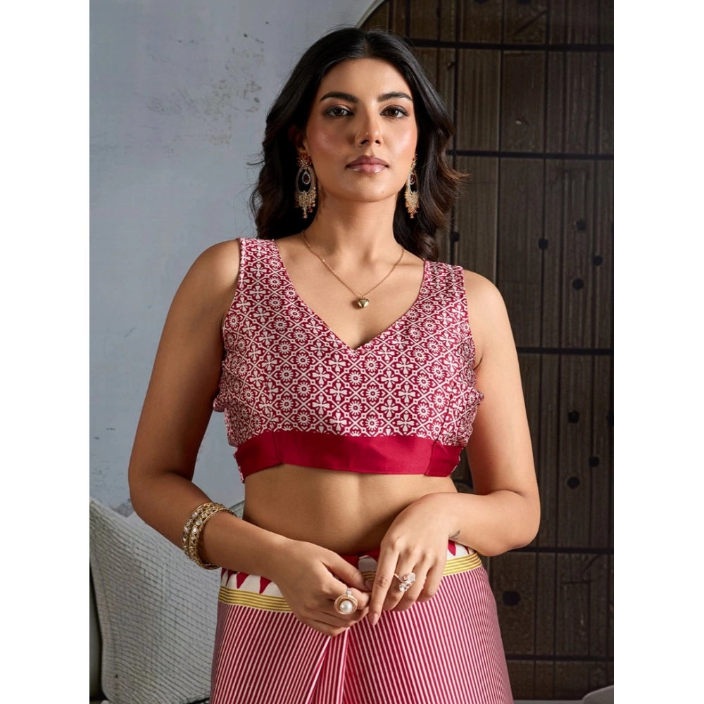 Women's Satin Crepe Printed Saree With Unstitched Blouse 5.5Mtr (Red) - Image 2