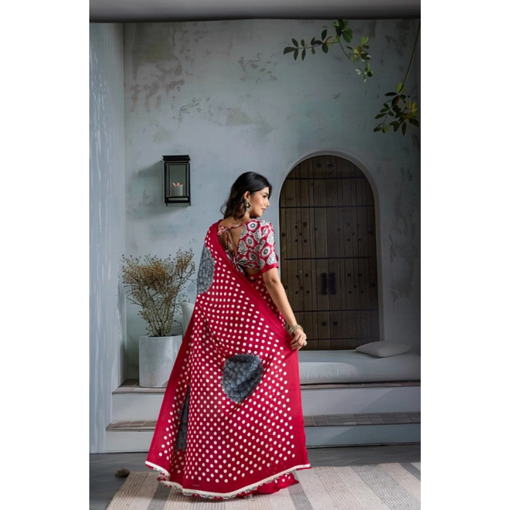 Women's Satin Crepe Printed Saree With Unstitched Blouse 5.5Mtr (Red) - Image 4