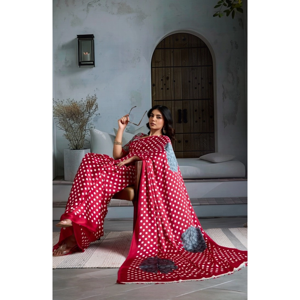 Women's Satin Crepe Printed Saree With Unstitched Blouse 5.5Mtr (Red) - Image 3