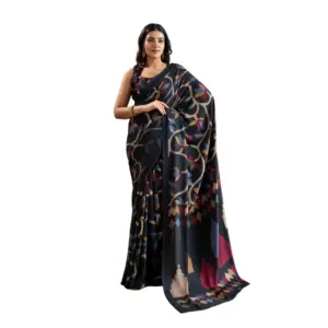 Women's Satin Crepe Printed Saree With Unstitched Blouse 5.5Mtr (Black)