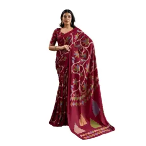 Women's Satin Crepe Printed Saree With Unstitched Blouse 5.5Mtr (Maroon)