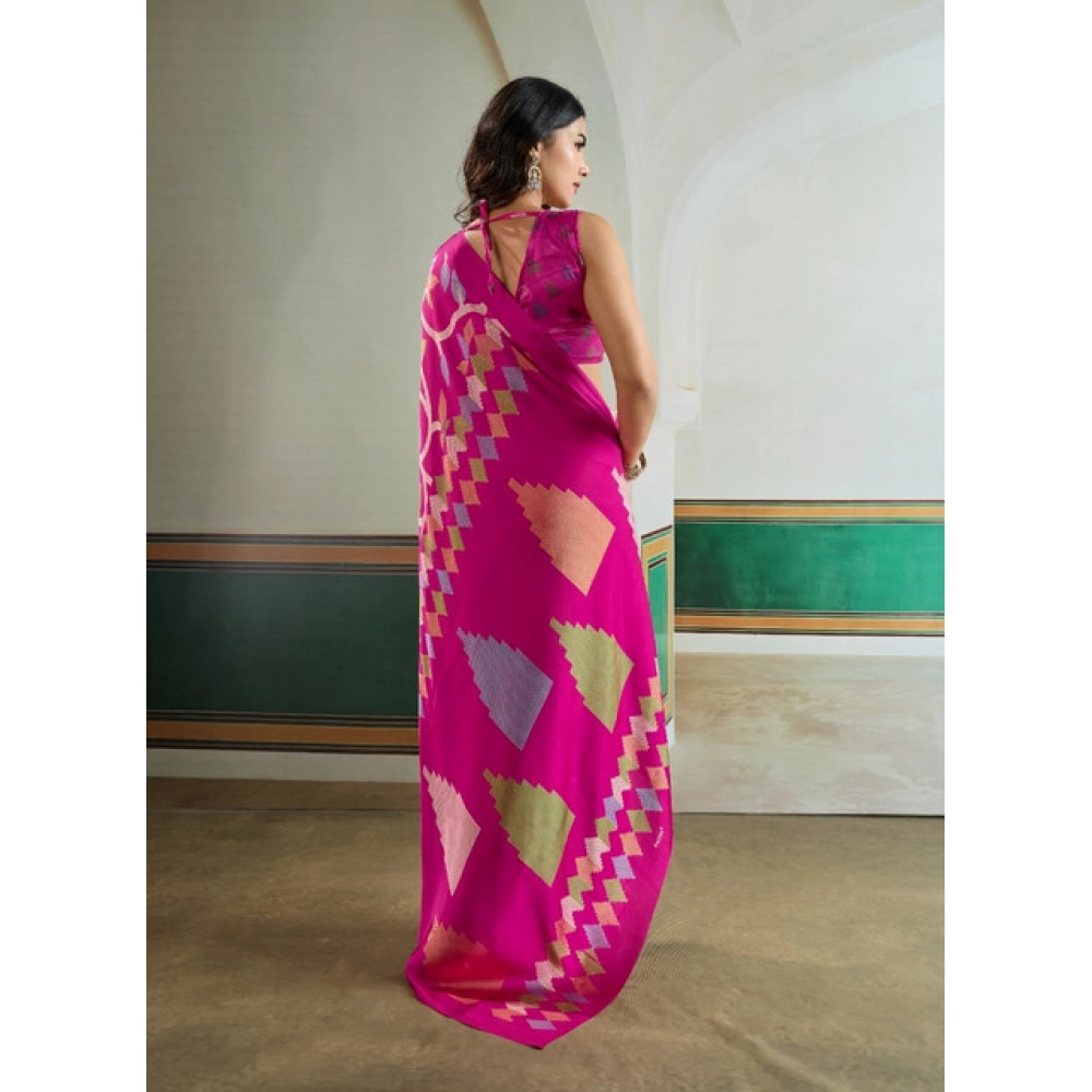 Women's Satin Crepe Printed Saree With Unstitched Blouse 5.5Mtr (Pink) - Image 4