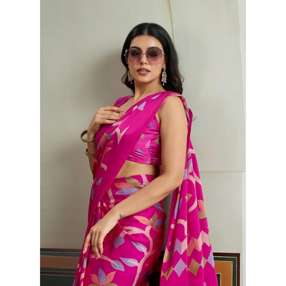 Women's Satin Crepe Printed Saree With Unstitched Blouse 5.5Mtr (Pink) - Image 3