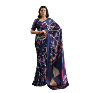 Women's Satin Crepe Printed Saree With Unstitched Blouse 5.5Mtr (Navy Blue)