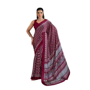 Women's Satin Crepe Printed Saree With Unstitched Blouse 5.5Mtr (Maroon)