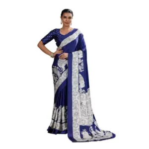 Women's Satin Crepe Printed Saree With Unstitched Blouse 5.5Mtr (Blue)