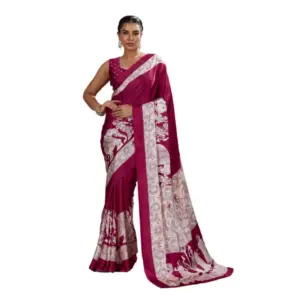Women's Satin Crepe Printed Saree With Unstitched Blouse 5.5Mtr (Maroon)