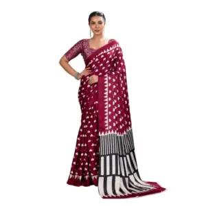 Women's Satin Crepe Printed Saree With Unstitched Blouse 5.5Mtr (Maroon)