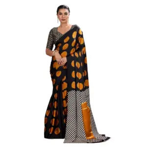 Women's Satin Crepe Printed Saree With Unstitched Blouse 5.5Mtr (Mustard)