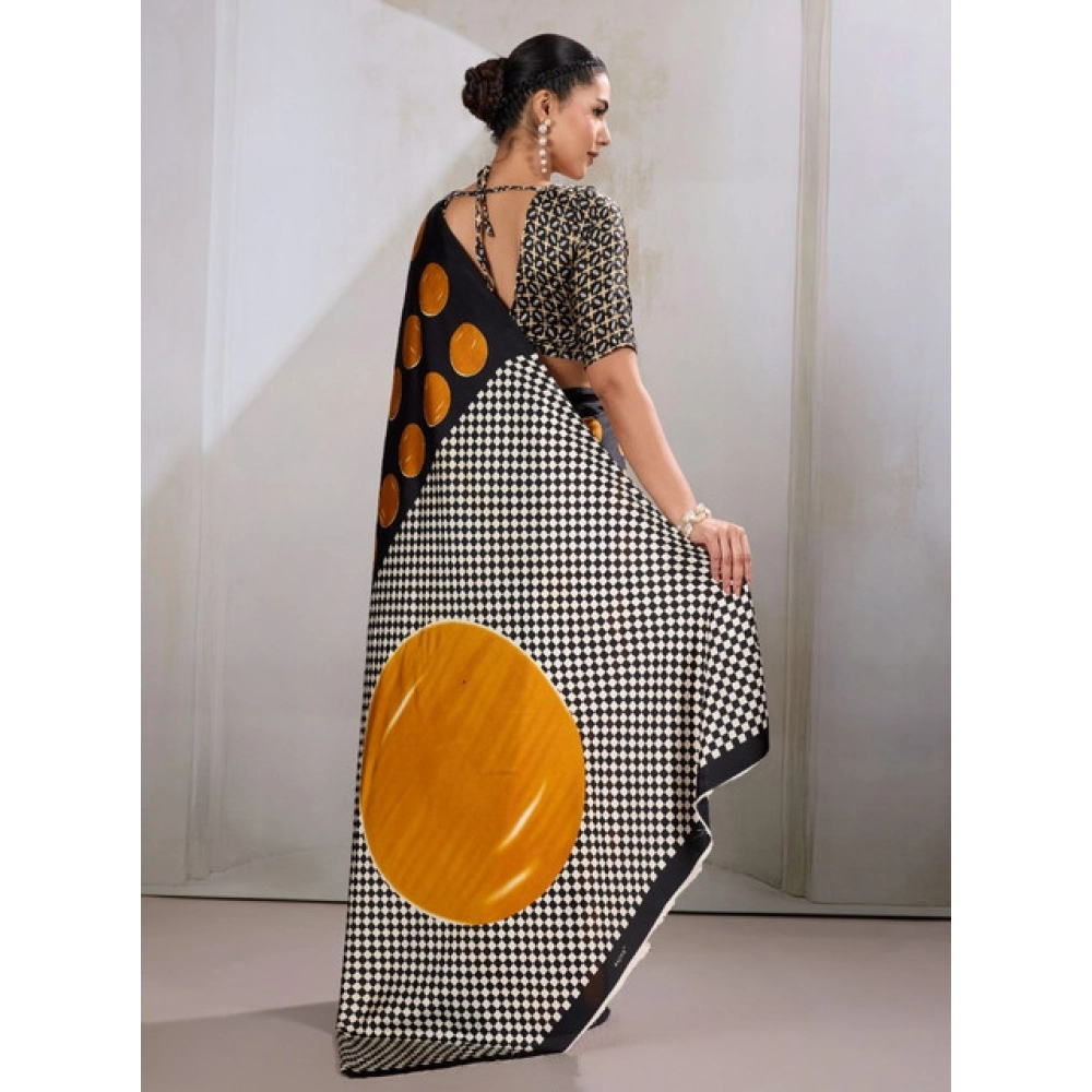 Women's Satin Crepe Printed Saree With Unstitched Blouse 5.5Mtr (Mustard) - Image 4