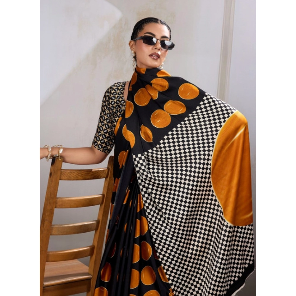 Women's Satin Crepe Printed Saree With Unstitched Blouse 5.5Mtr (Mustard) - Image 3