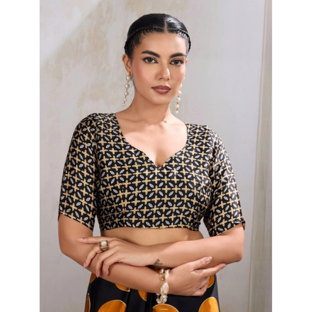 Women's Satin Crepe Printed Saree With Unstitched Blouse 5.5Mtr (Mustard) - Image 2