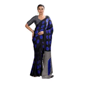 Women's Satin Crepe Printed Saree With Unstitched Blouse 5.5Mtr (Blue)