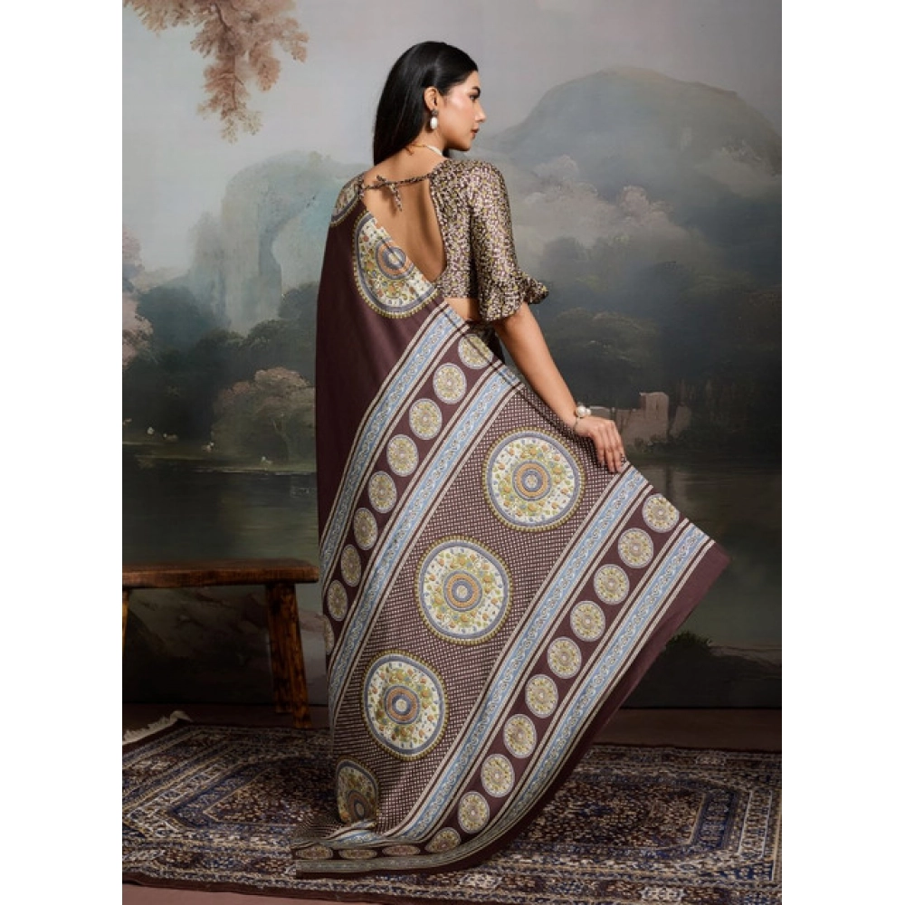 Women's Satin Crepe Printed Saree With Unstitched Blouse 5.5Mtr (Brown) - Image 4