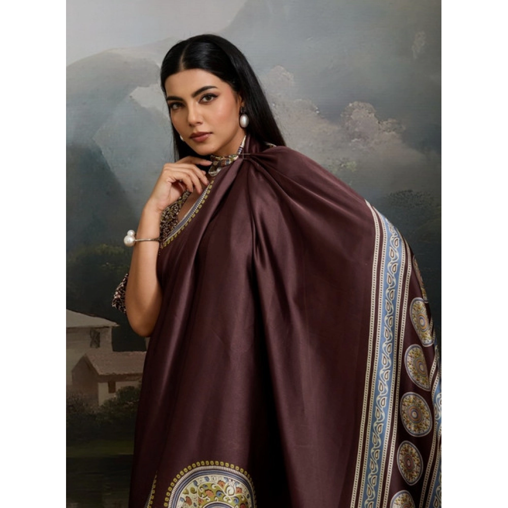 Women's Satin Crepe Printed Saree With Unstitched Blouse 5.5Mtr (Brown) - Image 3