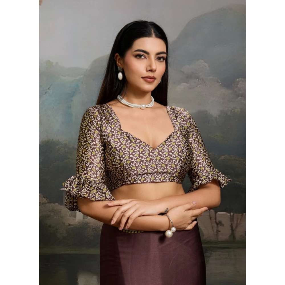 Women's Satin Crepe Printed Saree With Unstitched Blouse 5.5Mtr (Brown) - Image 2