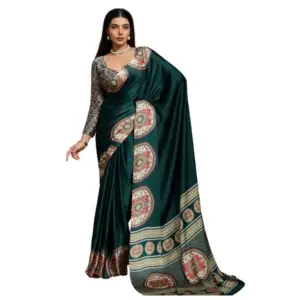Women's Satin Crepe Printed Saree With Unstitched Blouse 5.5Mtr (Green)