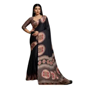 Women's Satin Crepe Printed Saree With Unstitched Blouse 5.5Mtr (Black)