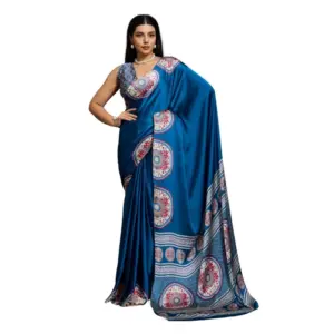 Women's Satin Crepe Printed Saree With Unstitched Blouse 5.5Mtr (Blue)