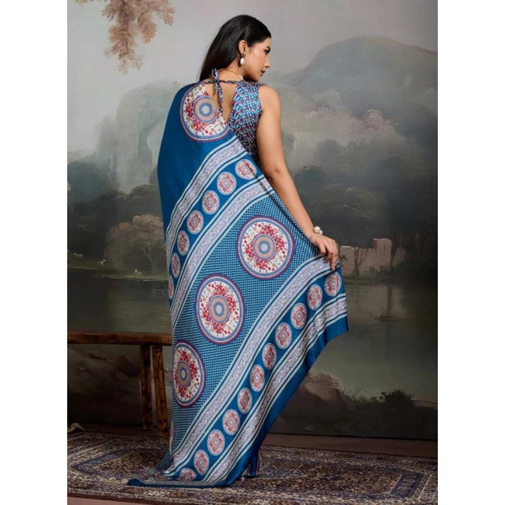 Women's Satin Crepe Printed Saree With Unstitched Blouse 5.5Mtr (Blue) - Image 4