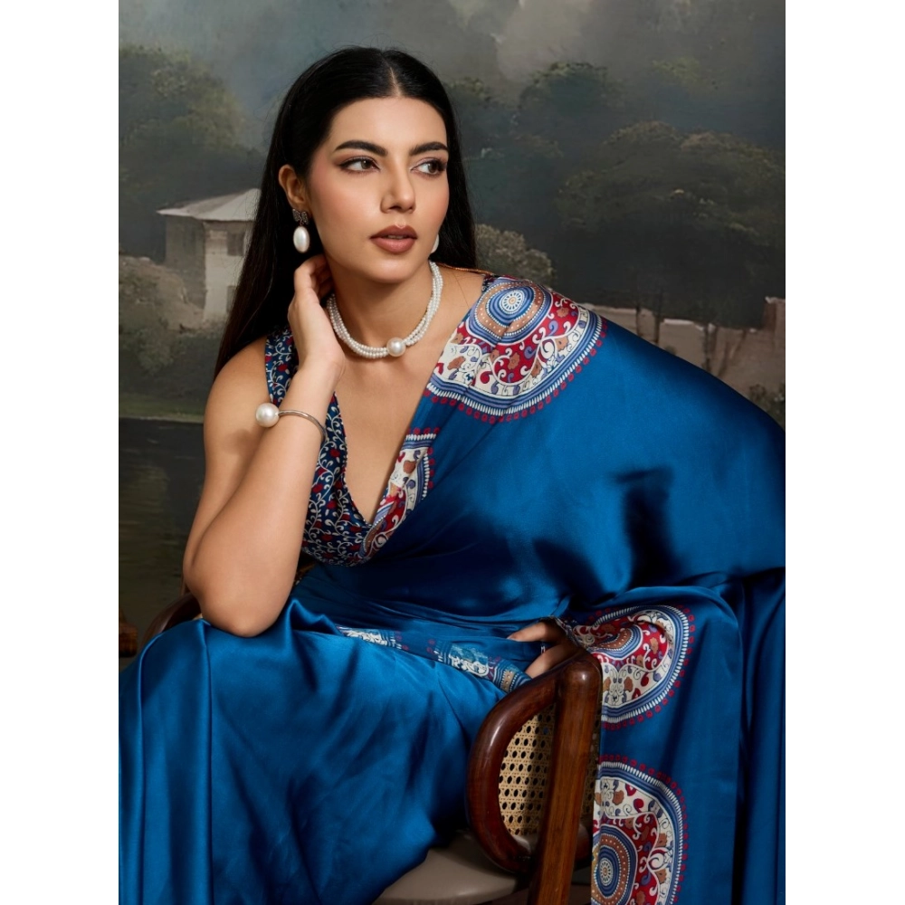 Women's Satin Crepe Printed Saree With Unstitched Blouse 5.5Mtr (Blue) - Image 3