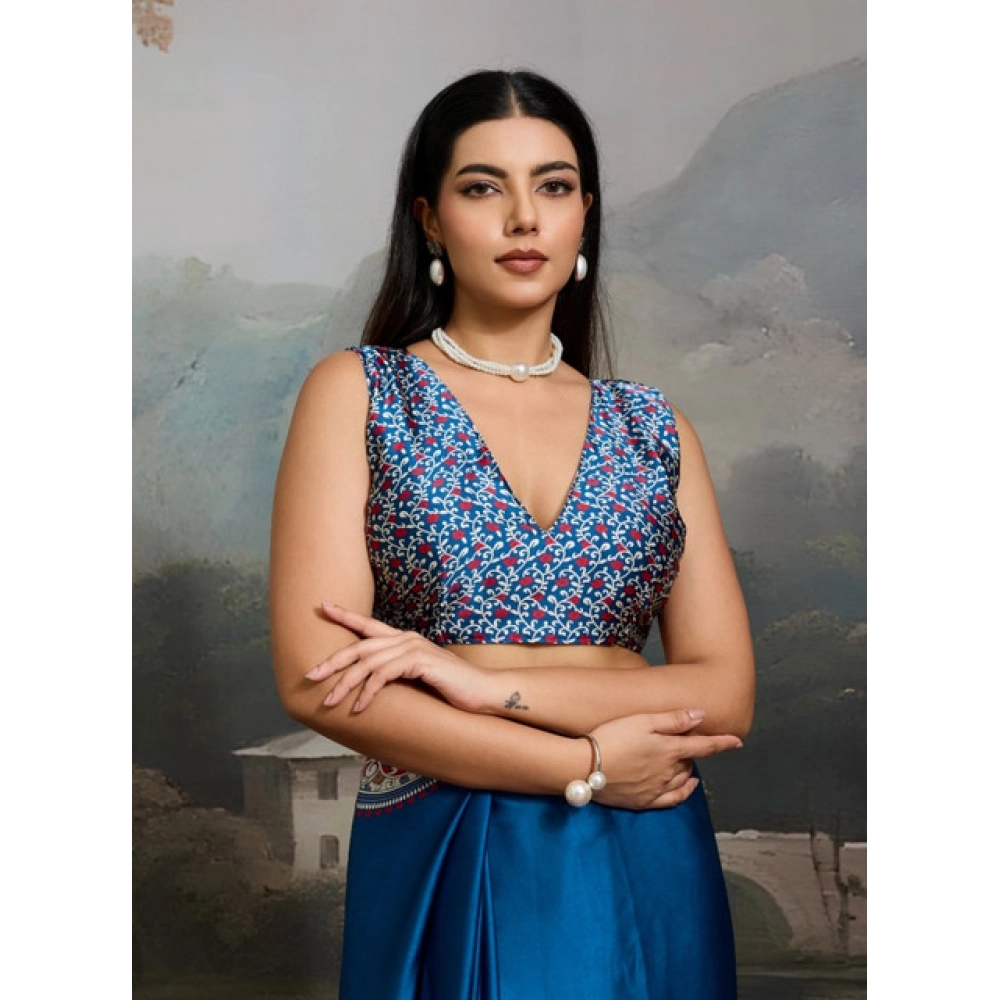 Women's Satin Crepe Printed Saree With Unstitched Blouse 5.5Mtr (Blue) - Image 2