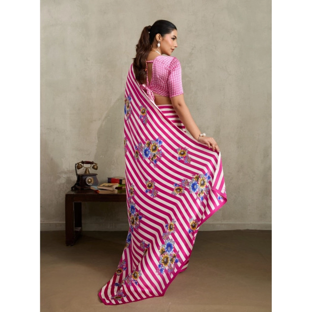 Women's Satin Crepe Printed Saree With Unstitched Blouse 5.5Mtr (Pink) - Image 4