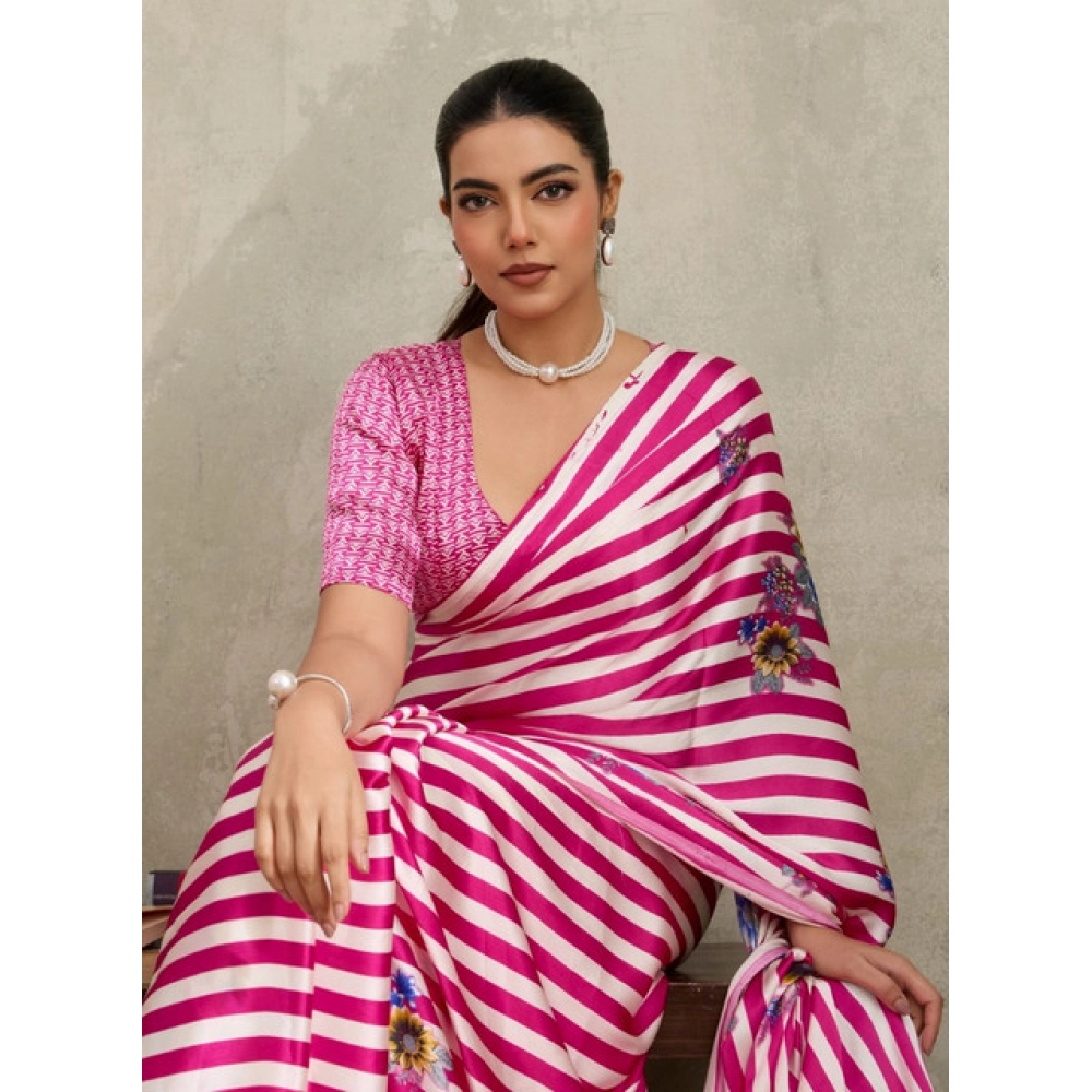 Women's Satin Crepe Printed Saree With Unstitched Blouse 5.5Mtr (Pink) - Image 3