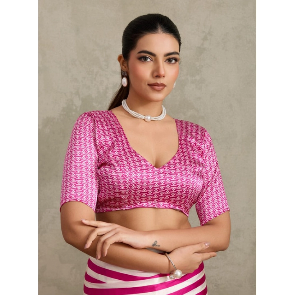 Women's Satin Crepe Printed Saree With Unstitched Blouse 5.5Mtr (Pink) - Image 2